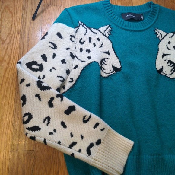 MINKPINK MINK PINK SNOW LEOPARD INTARSIA SWEATER AUTHENTIC GREEN WHITE SMALL - Picture 7 of 10